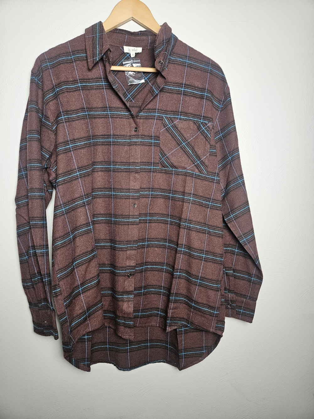 LA MIEL Women's Brown Plaid Button-Down Shirt with Blue Stripes